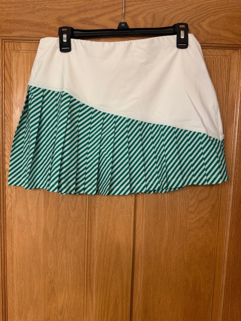 Tory Sport by Tory Burch White A-Line Skirt with Green Diagonal Pleats